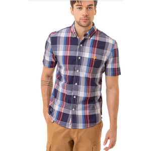 US POLO ASSN. Men's RED WHITE AND BLUE PLAID MADRAS WOVEN SHIRT Large